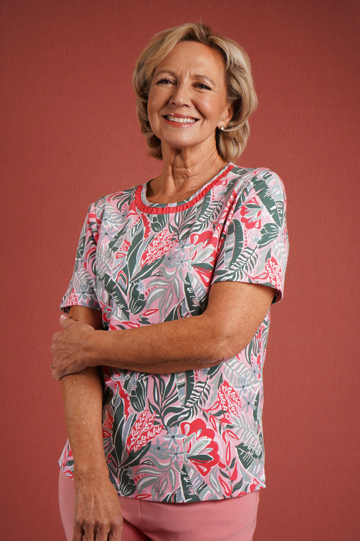 Tropical Ruched Neck Top